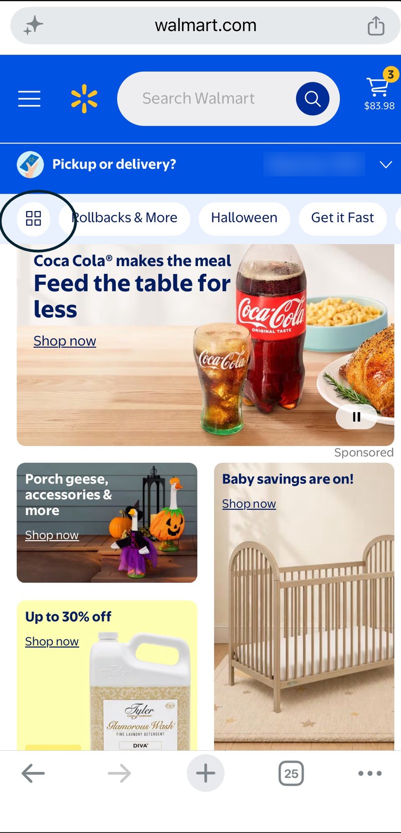 Walmart.com home screen, with the departments menu circled
