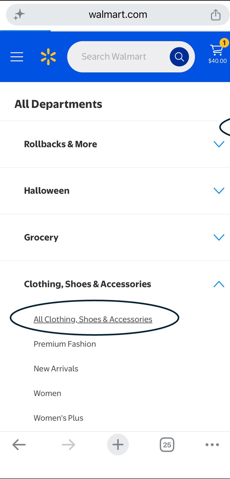All Departments menu, with All Clothing, Shoes & Accessories circled